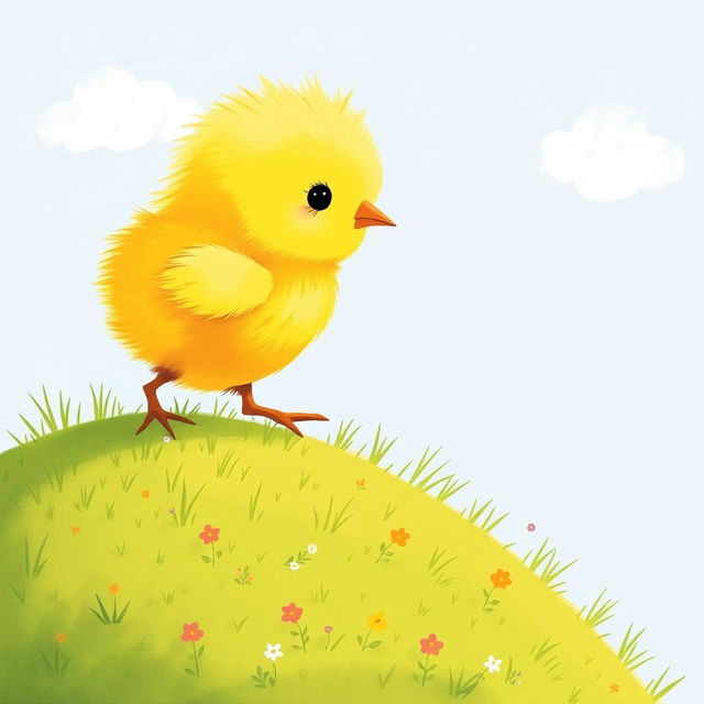 A cute little yellow chick climbing up a gentle hillside, illustrated in the charming style of Jon Klassen