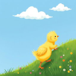 A cute little yellow chick climbing up a gentle hillside, illustrated in the charming style of Jon Klassen