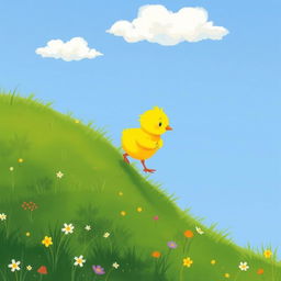 A cute little yellow chick climbing up a gentle hillside, illustrated in the charming style of Jon Klassen
