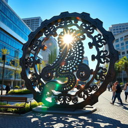 A large, multi-faceted urban symbol made of intricate ironwork featuring a paisley pattern, prominently installed in a city square