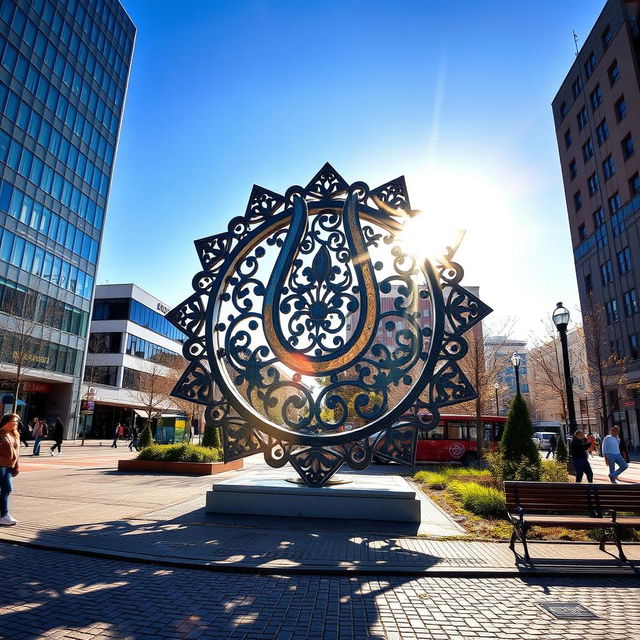 A large, multi-faceted urban symbol made of intricate ironwork featuring a paisley pattern, prominently installed in a city square