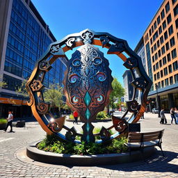 A large, multi-faceted urban symbol made of intricate ironwork featuring a paisley pattern, prominently installed in a city square