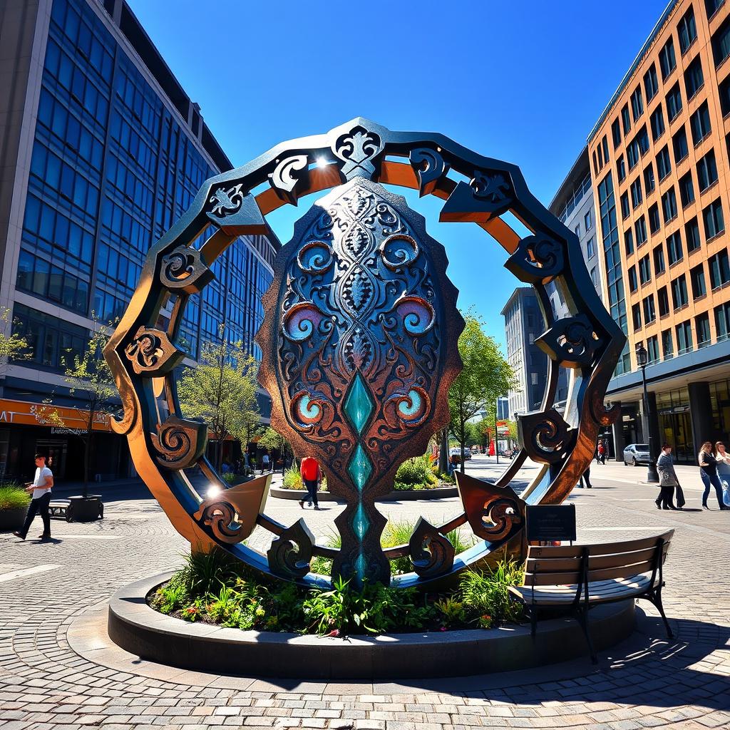A large, multi-faceted urban symbol made of intricate ironwork featuring a paisley pattern, prominently installed in a city square