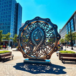 A large, multi-faceted urban symbol made of intricate ironwork featuring a paisley pattern, prominently installed in a city square