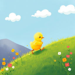 A cute little yellow chick climbing up a hillside, illustrated in the charming style of Jon Klassen