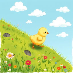 A cute little yellow chick climbing up a hillside, illustrated in the charming style of Jon Klassen