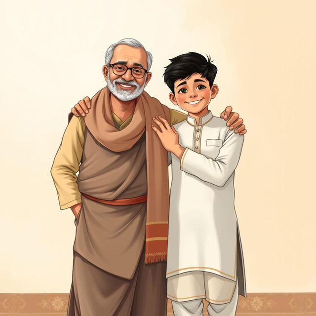 A realistic and heartwarming illustration showing a traditional father-son bonding scene