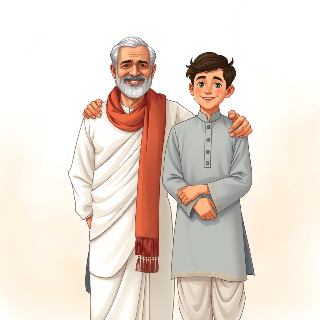 A realistic and heartwarming illustration showing a traditional father-son bonding scene