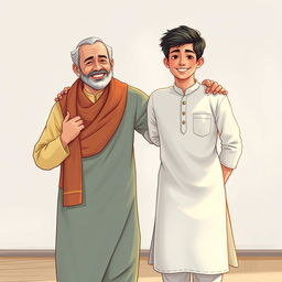 A realistic and heartwarming illustration showing a traditional father-son bonding scene