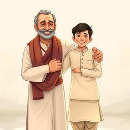 A realistic and heartwarming illustration showing a traditional father-son bonding scene