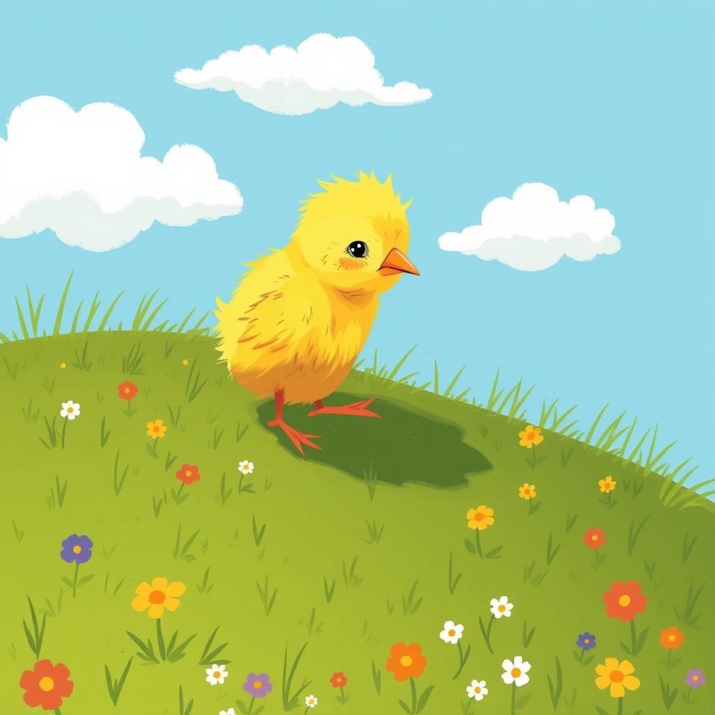 A cute little yellow chick, slightly dirty, climbing up a hillside, illustrated in the charming style of Jon Klassen