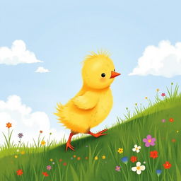A cute little yellow chick, slightly dirty, climbing up a hillside, illustrated in the charming style of Jon Klassen