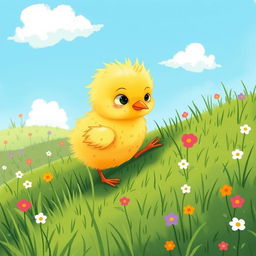 A cute little yellow chick, slightly dirty, climbing up a hillside, illustrated in the charming style of Jon Klassen