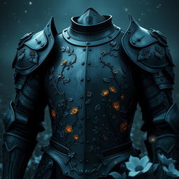 A striking suit of darkened steel armor, intricately etched with detailed patterns of intertwining vines and blooming flowers that faintly glimmer in the subdued light