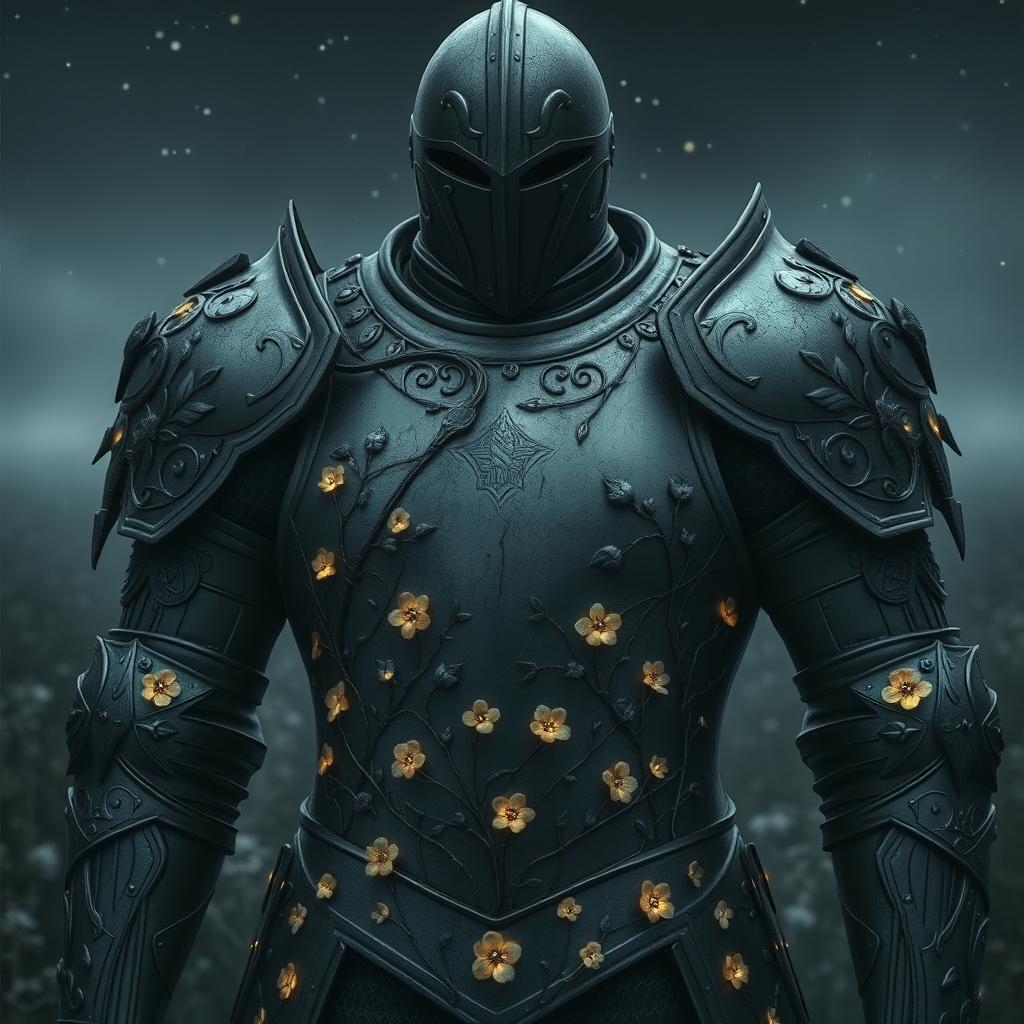 A striking suit of darkened steel armor, intricately etched with detailed patterns of intertwining vines and blooming flowers that faintly glimmer in the subdued light