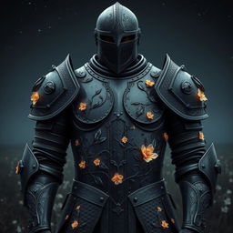 A striking suit of darkened steel armor, intricately etched with detailed patterns of intertwining vines and blooming flowers that faintly glimmer in the subdued light
