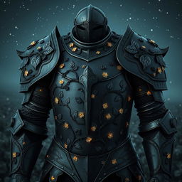 A striking suit of darkened steel armor, intricately etched with detailed patterns of intertwining vines and blooming flowers that faintly glimmer in the subdued light