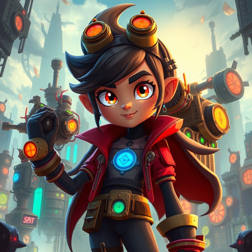 A character inspired by the animation style of the series Arcane, featuring a vibrant color palette, sharp contrasts, and detailed textures