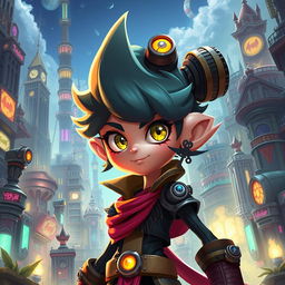 A character inspired by the animation style of the series Arcane, featuring a vibrant color palette, sharp contrasts, and detailed textures
