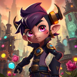 A character inspired by the animation style of the series Arcane, featuring a vibrant color palette, sharp contrasts, and detailed textures