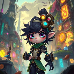 A character inspired by the animation style of the series Arcane, featuring a vibrant color palette, sharp contrasts, and detailed textures