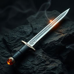 A sleek, finely crafted shortsword with a thin, mirror-like blade that shimmers faintly, as if catching light from unseen sources