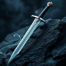 A sleek, finely crafted shortsword with a thin, mirror-like blade that shimmers faintly, as if catching light from unseen sources