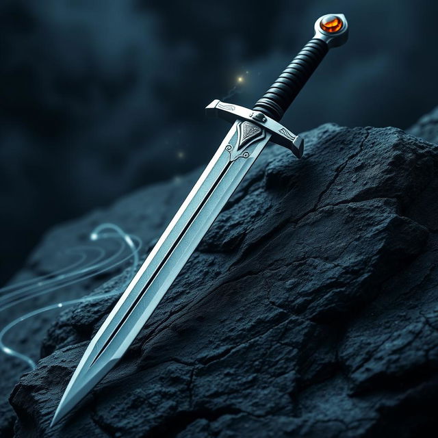 A sleek, finely crafted shortsword with a thin, mirror-like blade that shimmers faintly, as if catching light from unseen sources