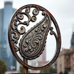 A stunning city symbol featuring a paisley pattern, crafted from iron and standing at an impressive height of 2 meters