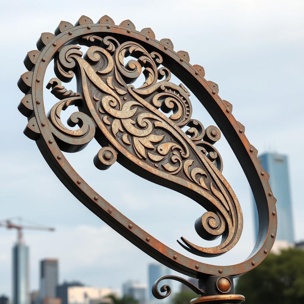 A stunning city symbol featuring a paisley pattern, crafted from iron and standing at an impressive height of 2 meters