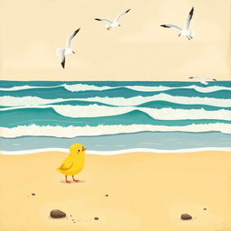 A vibrant beach scene featuring a vast ocean with rolling waves
