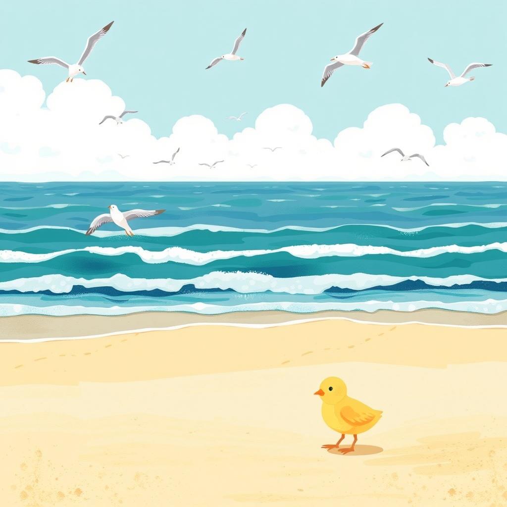 A vibrant beach scene featuring a vast ocean with rolling waves