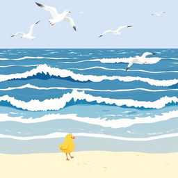 A vibrant beach scene featuring a vast ocean with rolling waves