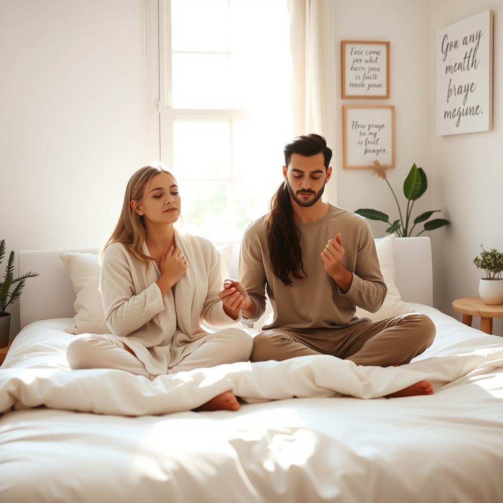 A beautiful scene depicting a Godly couple praying together in bed during the morning