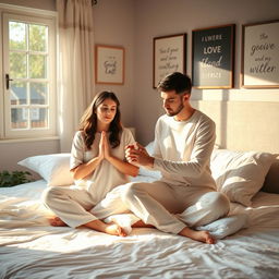 A beautiful scene depicting a Godly couple praying together in bed during the morning