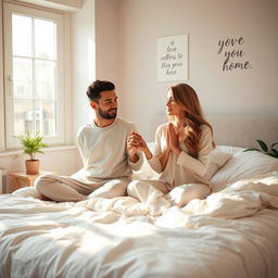 A beautiful scene depicting a Godly couple praying together in bed during the morning