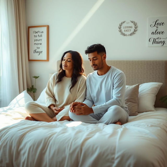 A beautiful scene depicting a Godly couple praying together in bed during the morning