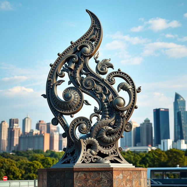 A city symbol designed as a towering sculpture, featuring intricate paisley patterns meticulously crafted from iron