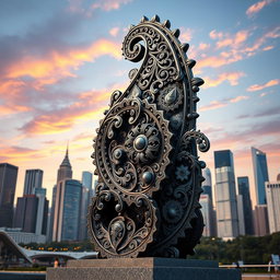 A city symbol designed as a towering sculpture, featuring intricate paisley patterns meticulously crafted from iron