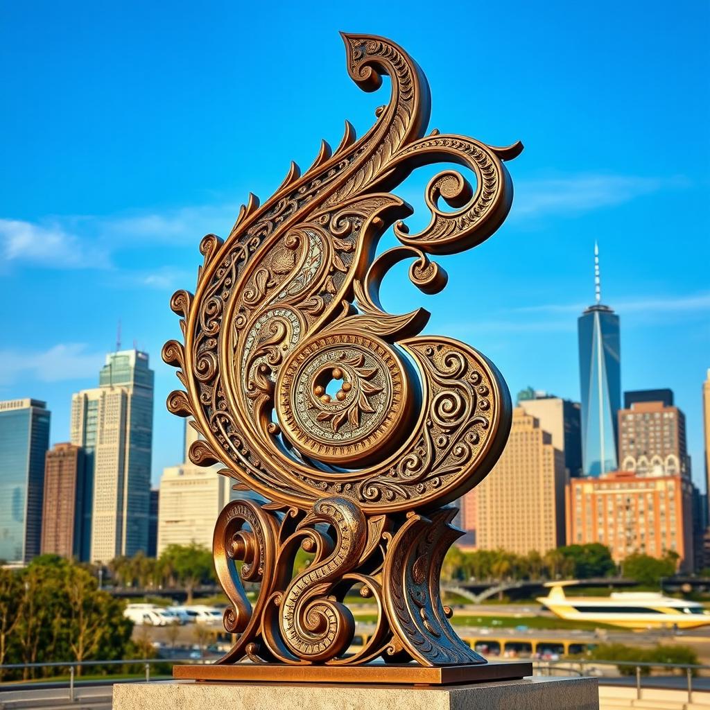 A city symbol designed as a towering sculpture, featuring intricate paisley patterns meticulously crafted from iron