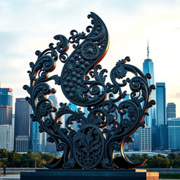 A city symbol designed as a towering sculpture, featuring intricate paisley patterns meticulously crafted from iron