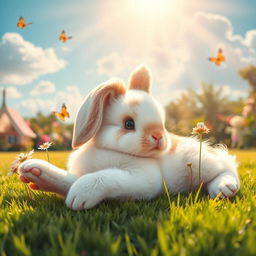 A cute fluffy bunny lounging in the sun, comfortably sprawled out on a soft green lawn
