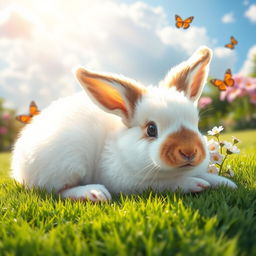 A cute fluffy bunny lounging in the sun, comfortably sprawled out on a soft green lawn