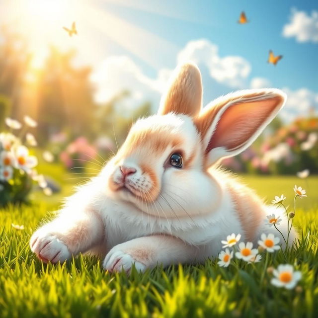 A cute fluffy bunny lounging in the sun, comfortably sprawled out on a soft green lawn