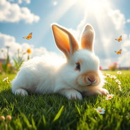 A cute fluffy bunny lounging in the sun, comfortably sprawled out on a soft green lawn
