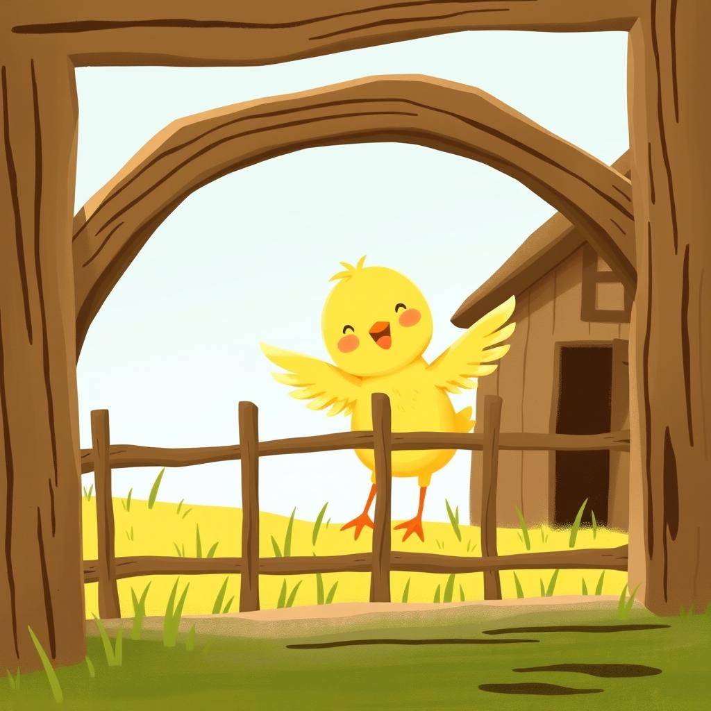 A delightful scene of a cute little yellow chick happily flapping its wings inside a rustic farmyard fence