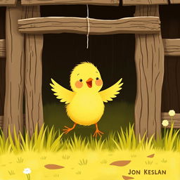 A delightful scene of a cute little yellow chick happily flapping its wings inside a rustic farmyard fence