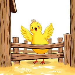 A delightful scene of a cute little yellow chick happily flapping its wings inside a rustic farmyard fence