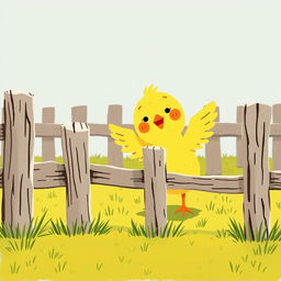 A delightful scene of a cute little yellow chick happily flapping its wings inside a rustic farmyard fence