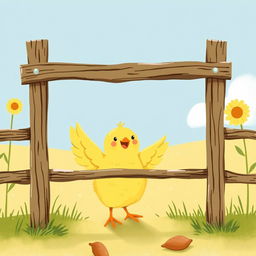 A cheerful scene of a cute little yellow chick happily flapping its wings inside a rustic farm fence